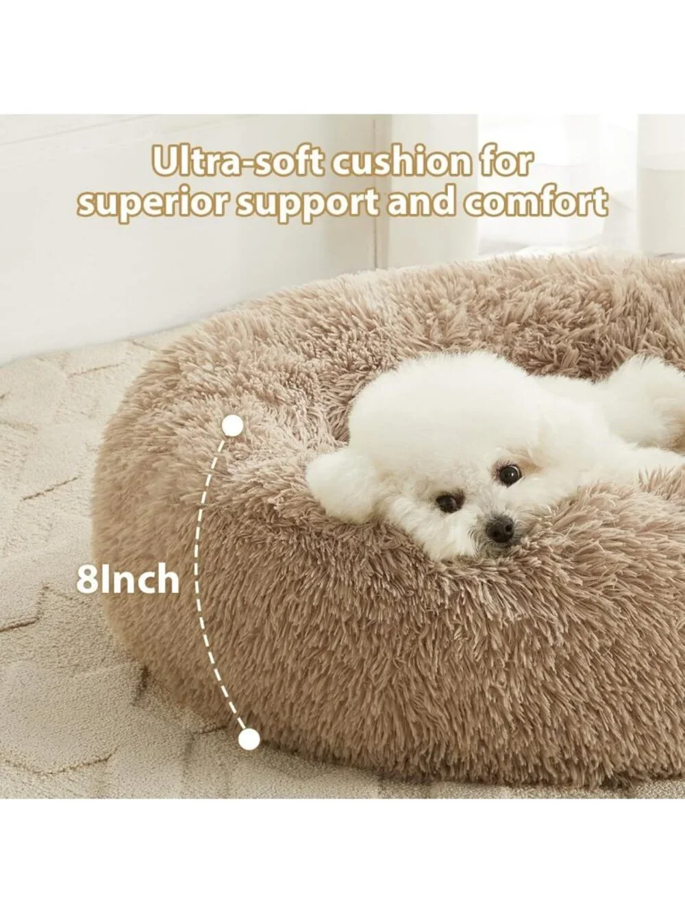 Cozy Anti-Anxiety Donut Pet Bed for Small Dogs & Cats, Fluffy Faux Fur Cushion